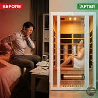 2 Person Extendable FAR Infrared Sauna for Home, Hemlock Wood Low EMF 6 Carbon Heaters Indoor Saunas with LED Lights, Bluetooth Speaker, Digital Control Panel, and Seating Bench — Before & After