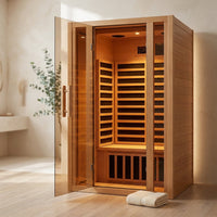 2 Person Extendable FAR Infrared Sauna for Home, Hemlock Wood Low EMF 6 Carbon Heaters Indoor Saunas with LED Lights, Bluetooth Speaker, Digital Control Panel, and Seating Bench — Studio Shot