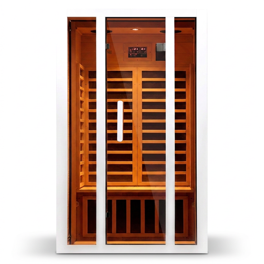 2 Person Extendable FAR Infrared Sauna for Home, Hemlock Wood Low EMF 6 Carbon Heaters Indoor Saunas with LED Lights, Bluetooth Speaker, Digital Control Panel, and Seating Bench — Studio Shot