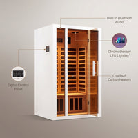 2 Person Extendable FAR Infrared Sauna for Home, Hemlock Wood Low EMF 6 Carbon Heaters Indoor Saunas with LED Lights, Bluetooth Speaker, Digital Control Panel, and Seating Bench — infographic