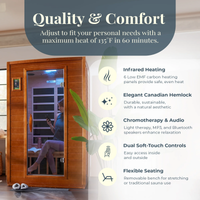 Infrared Sauna Built for Daily Wellness, Low EMF Carbon Panels, Canadian Hemlock Wood, Bluetooth Audio